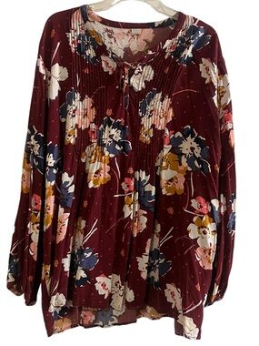 Old Navy Floral Pleated Long Sleeve Blouse XXL Burgundy